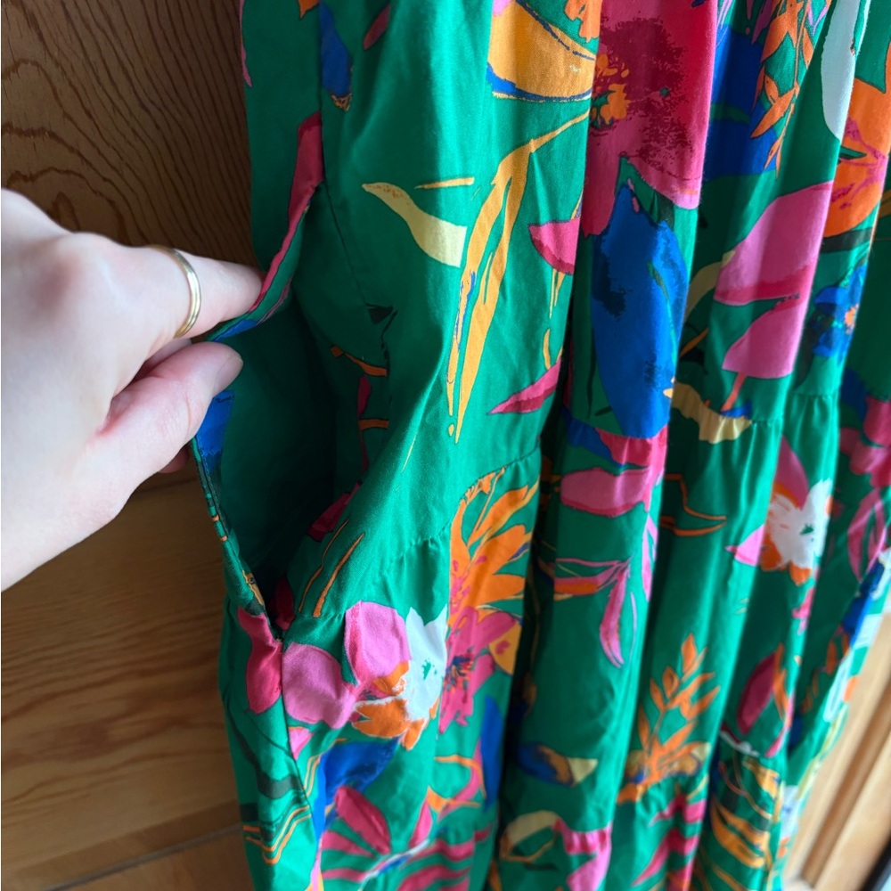 J. Crew Green Smocked Midi Dress | 100% Cotton | Farm Rio Vibes | Size 8 - Picture 9 of 14